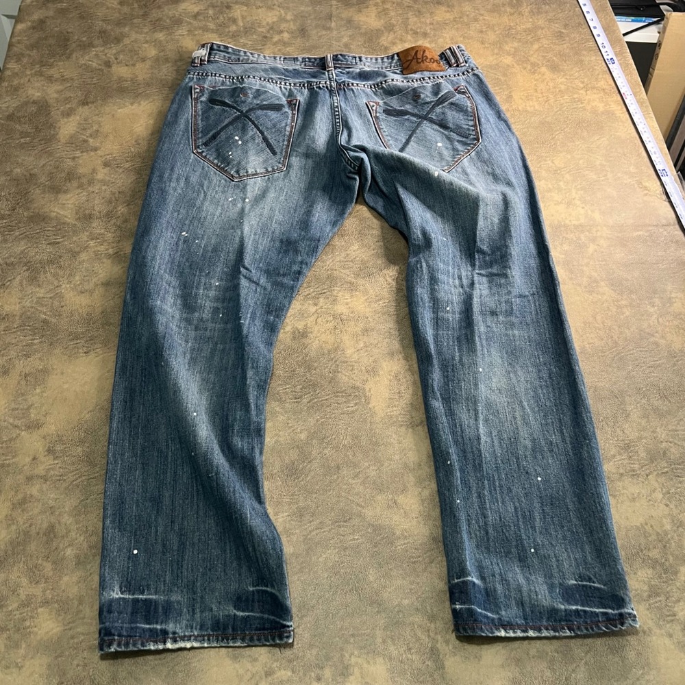 AKOO Denim Jeans Mens 42 Blue Paint Splatter Distressed Straight Leg Streetwear